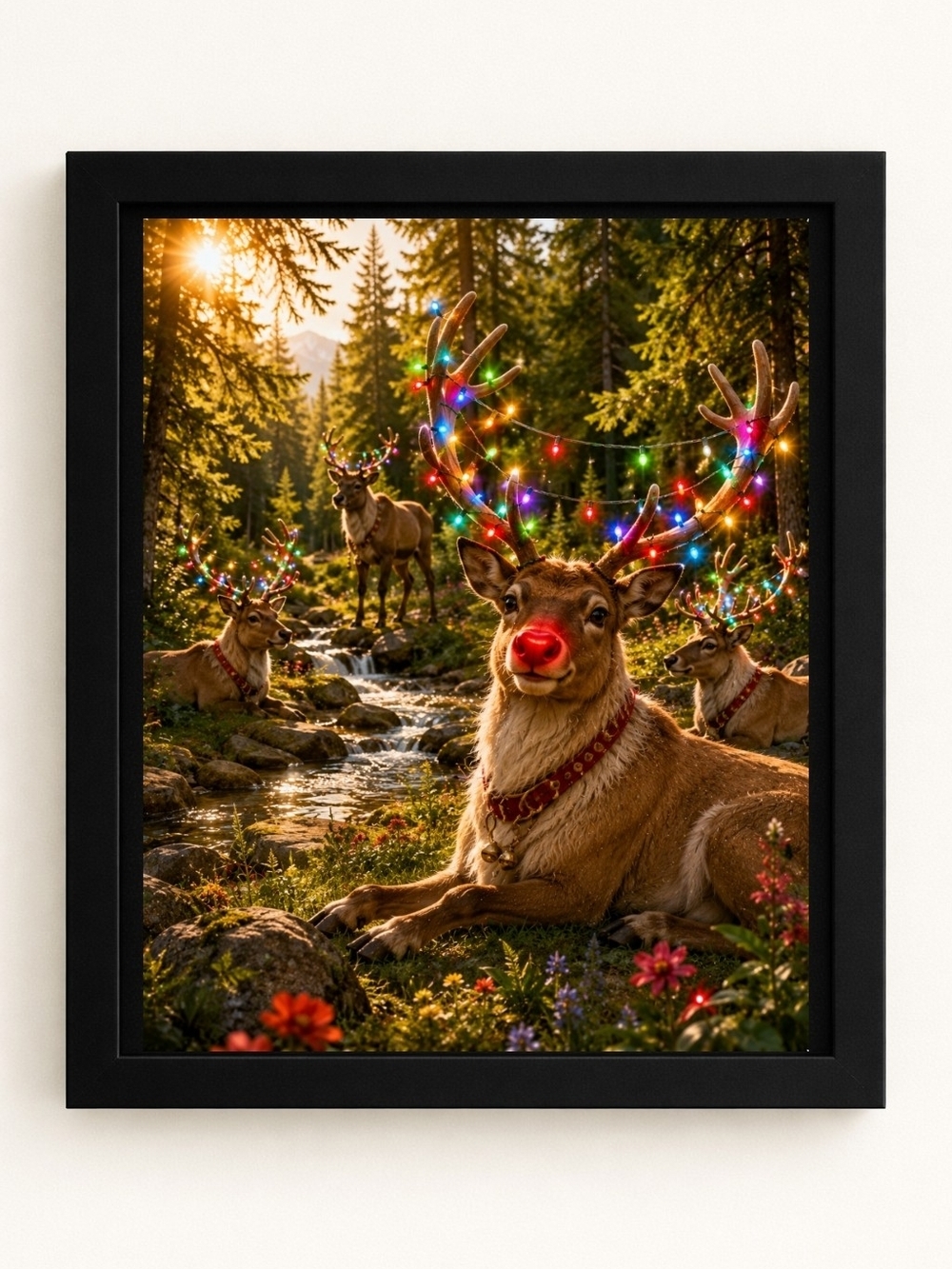 Holiday Reindeer A.I.Art Print - Festive Red-Nosed Reindeer 8x10 Frame